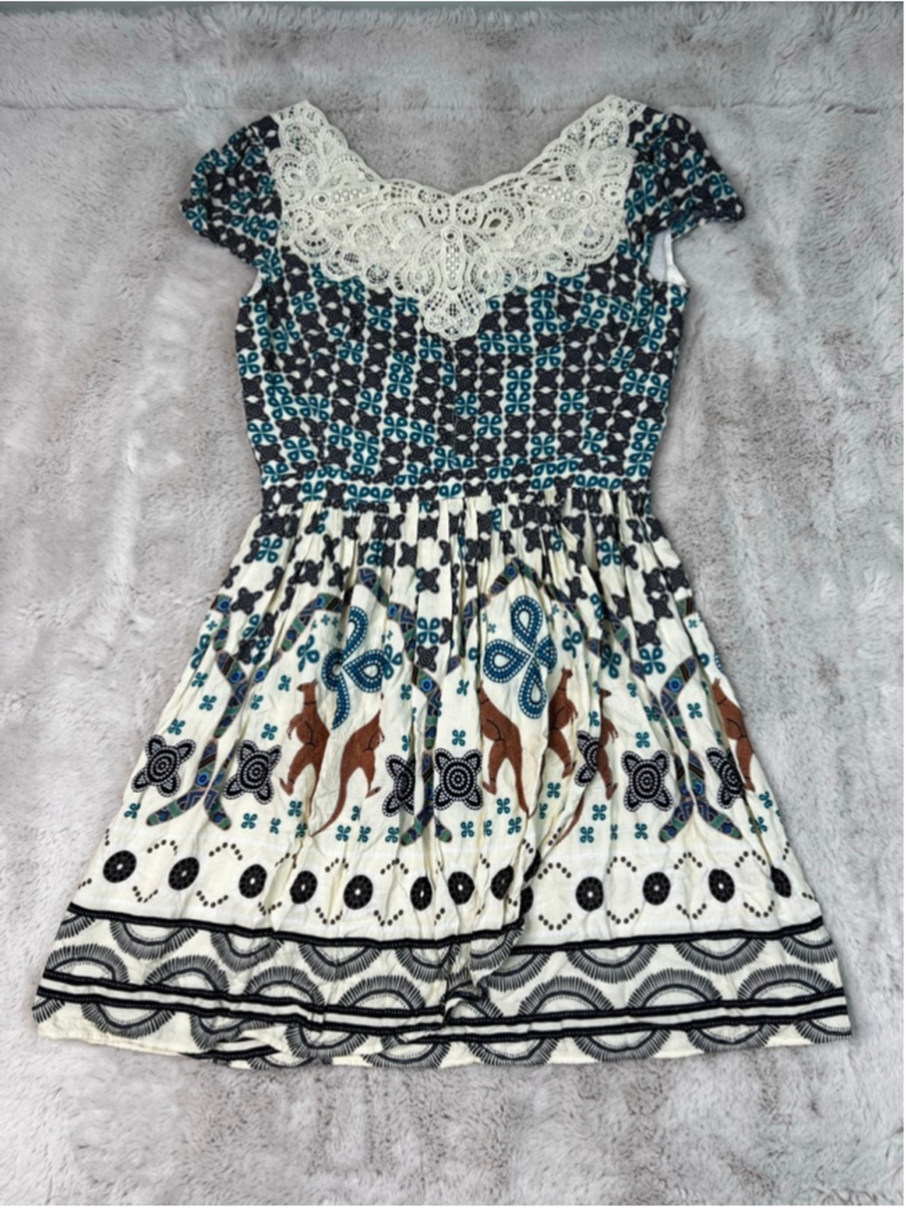 Anthropologie Antix Mini Dress White Lace Teal XS Brazilian Designer Kangaroo